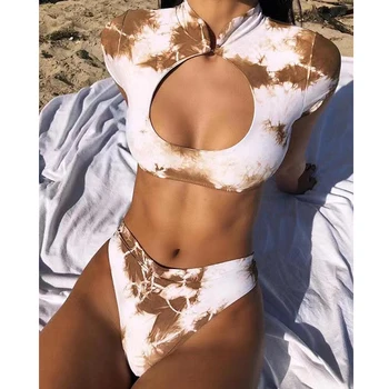 

2019 New Sexy Hollow Out Push Up Bikini Swimwear Women Swimsuit Rendering Print Bikini Set Short Sleeve Bathing Suits Beach Wear