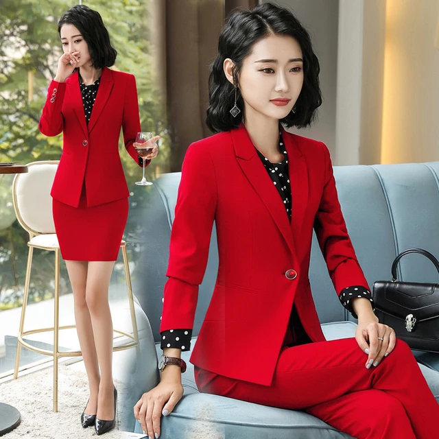 High Quality Fabric Elegant Red Uniform Styles Formal Women Business Work  Wear Suits Ladies Office Professional Blazer Pantsuits