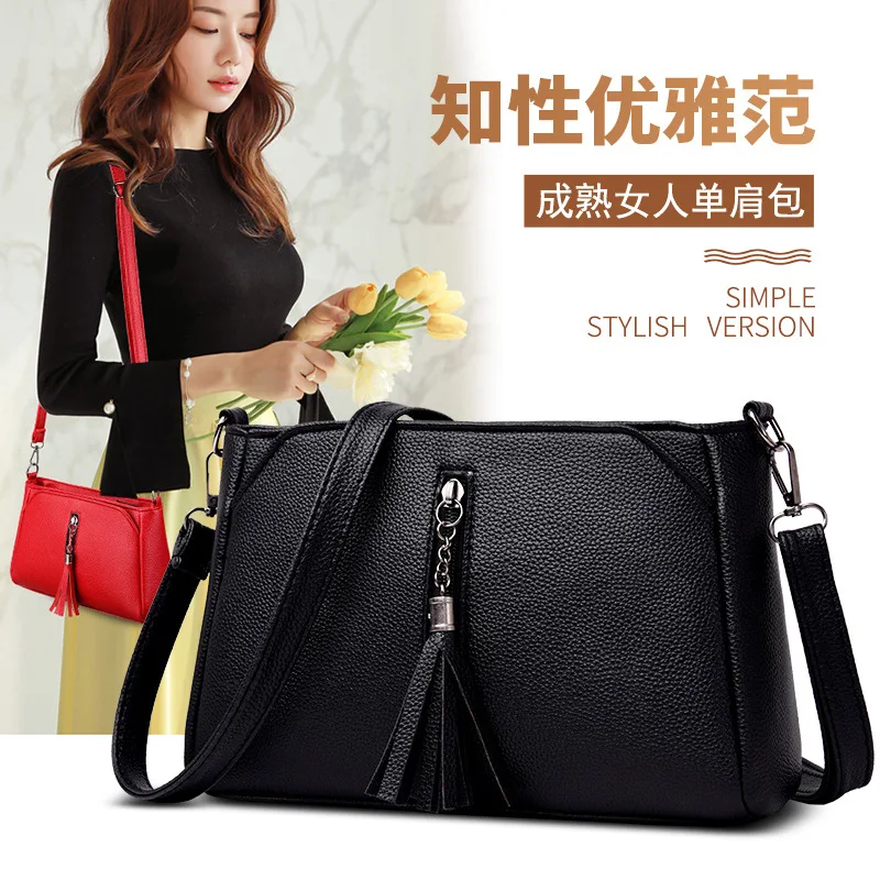 

Boutique WOMEN'S Bag Fashion Embossed Leather Square Sling Bag Versatile Tassel Bag Simple Shoulder Bag