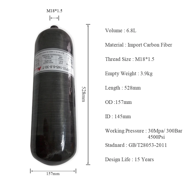 AC3680 Pcp цилиндр 6.8L 300 бар GB углеродное волокно Черный Танк подводная пушка Подводная охота пистолет сжатого воздуха для охоты