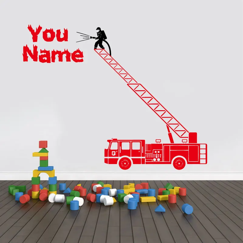 

Personalised Name Fire Engine Truck Turntable Ladder Wall Decal Vinyl Home Decor Playroom Firefighter Wall Stickers Mural 3815