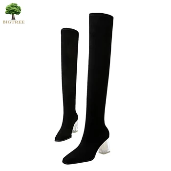 

Big Tree Korean version fashion boots women transparent crystal heel brand Woman shoes over the knee
