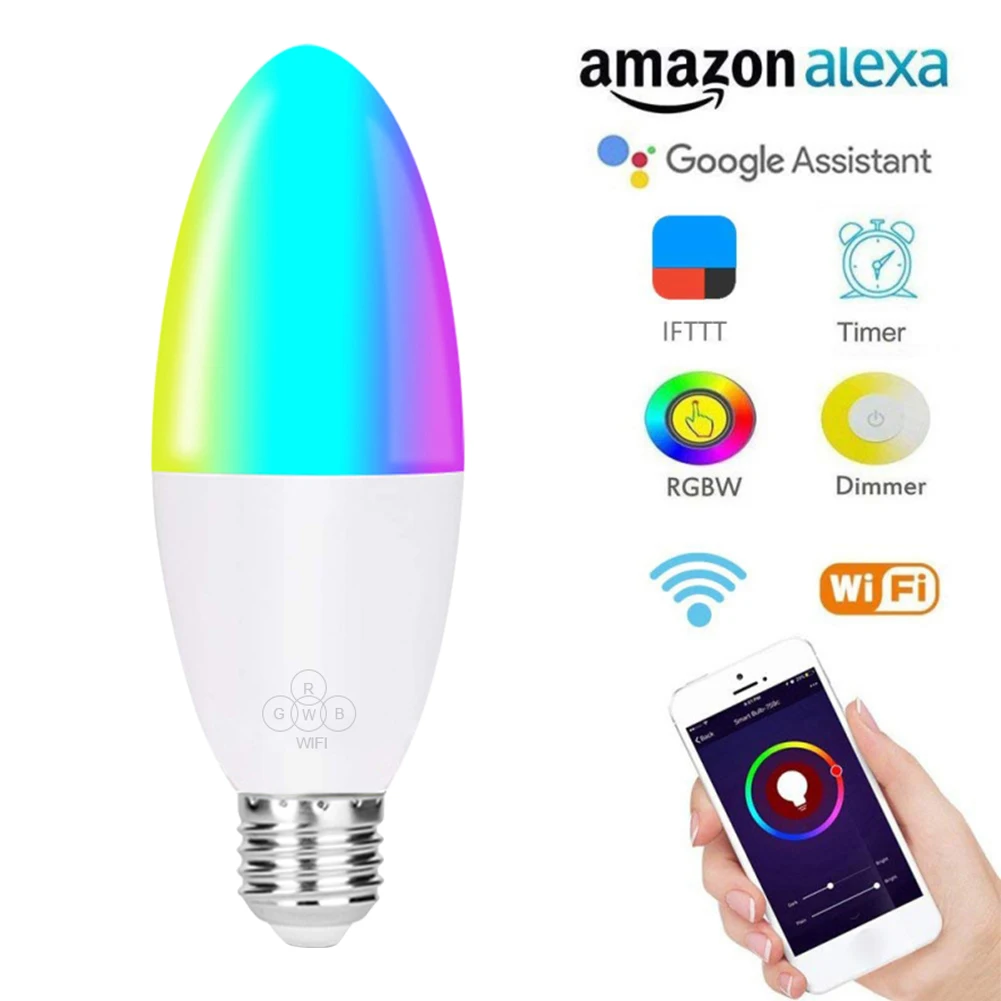 

Smart WiFi Candle Bulb E14/E27 RGB Bulb Support Alexa/Google Home/IFTTT Smart Speaker Voice Control 6W Led Lights Decoration
