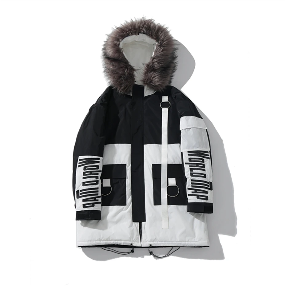US Size Winter Parkas Men Women Streetwear Thick Fur Collar Jackets Fashion Hip Hop Warm Coats Patchwork Windbreaker DG431