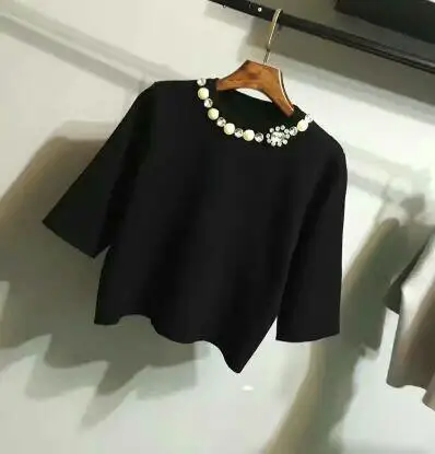 Модная черная элегантная Однотонная футболка с круглым вырезом и круглым вырезом, с коротким рукавом, на весну и осень, вязаная женская Повседневная футболка на выходные