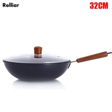 32 см чистое железо горшок без покрытия антипригарная индукционная плита для вока плитка для приготовления еды вок с закаленным стеклянным покрытием кухонная посуда