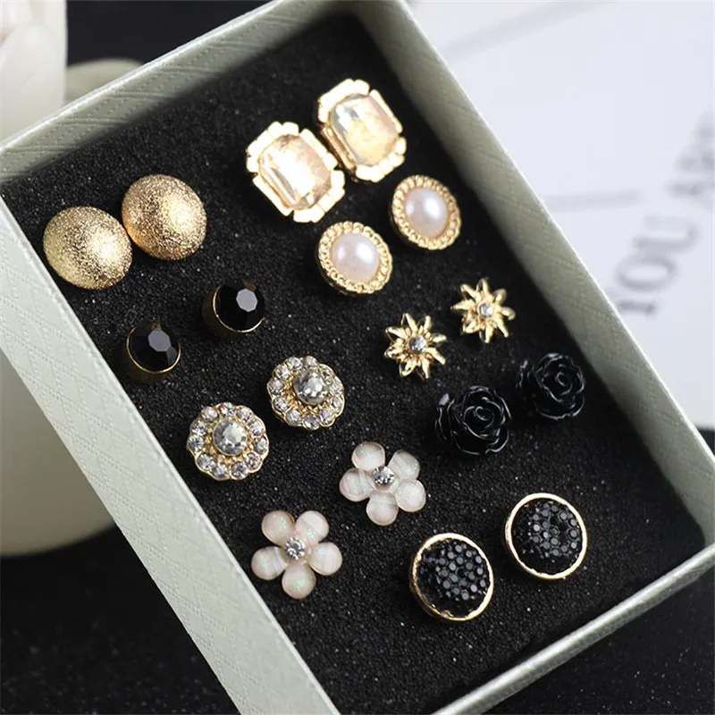 

9 PCS/SET Pearls Crystal Flower Leaves Stud Earrings For Women Elegant Black Resin Round Earrings Fashion Jewerly A738