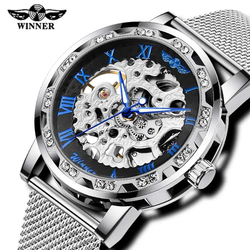 

WINNER Mens Diamond Design Automatic watch Skeleton Mesh Steel Mechanical Watch Luxury Relogio Masculino Fashion Male Clock