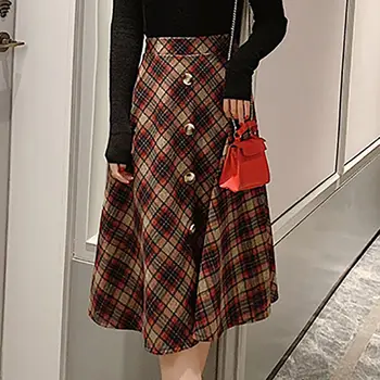 

Spring Autumn Women Plaid Skirt Fashion Single-Breasted High Waist Skirt Female A-Line Ankle-Length Skirt