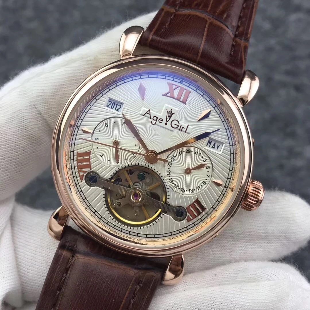 

Luxury Brand New Men Automatic Mechanical Watches Luminous Black Leather Tourbillion Sapphire Glass Back Perpetual Calendar AAA+