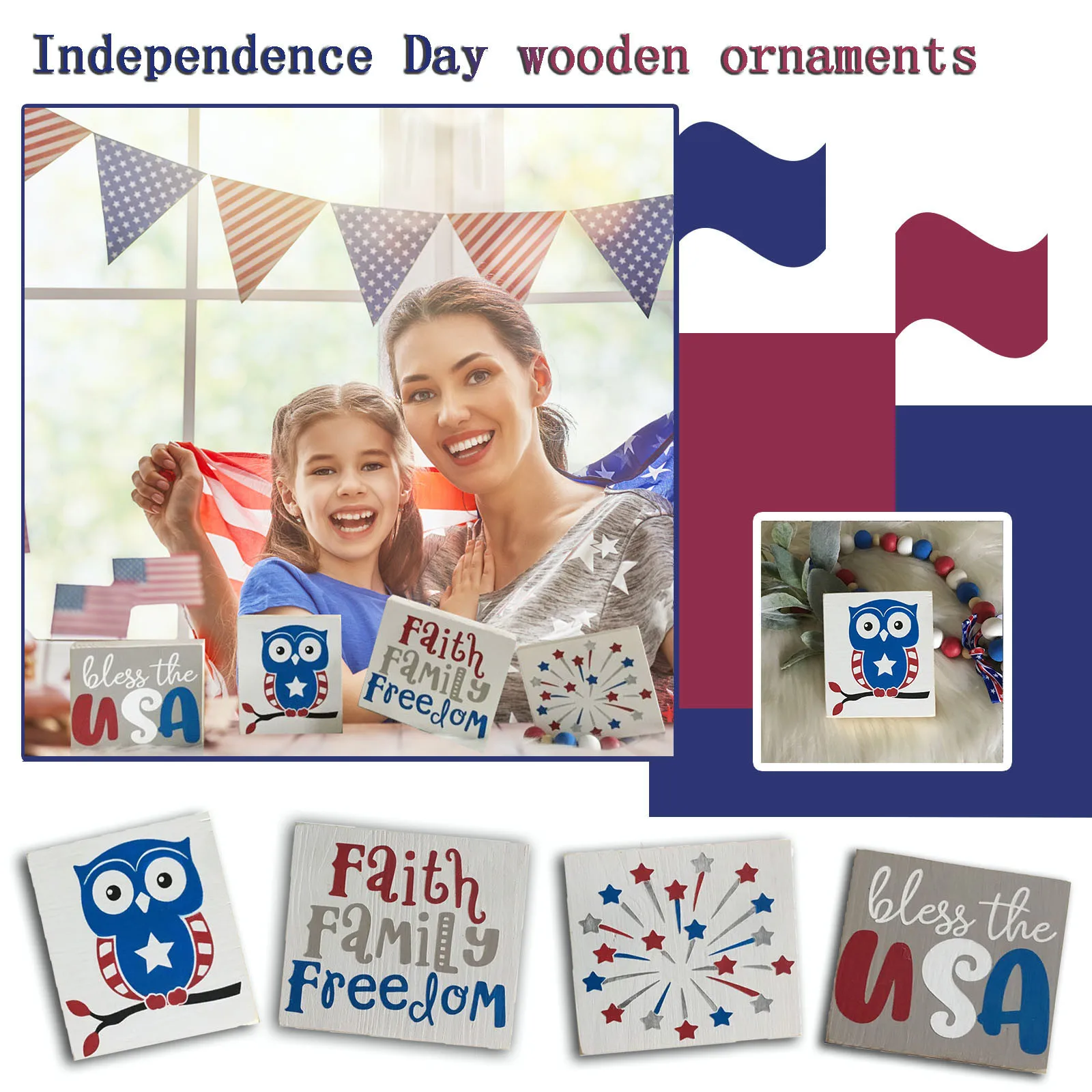 

American Independence Day Decorations Mini Wood Ornament Signs Living Room Desktop Decor Office Ornament Gift 4PC #33
