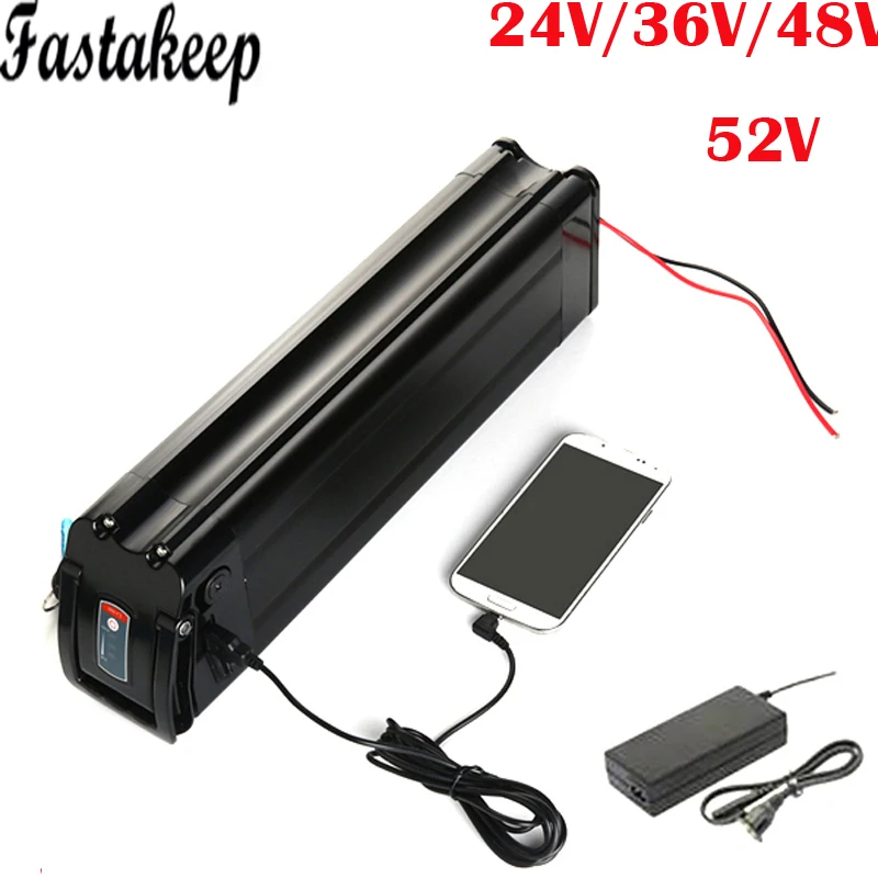 

Silver fish style lithium 24V 36v 48V 52V 10ah 13ah 15ah 20ah 12ah e-bike battery pack