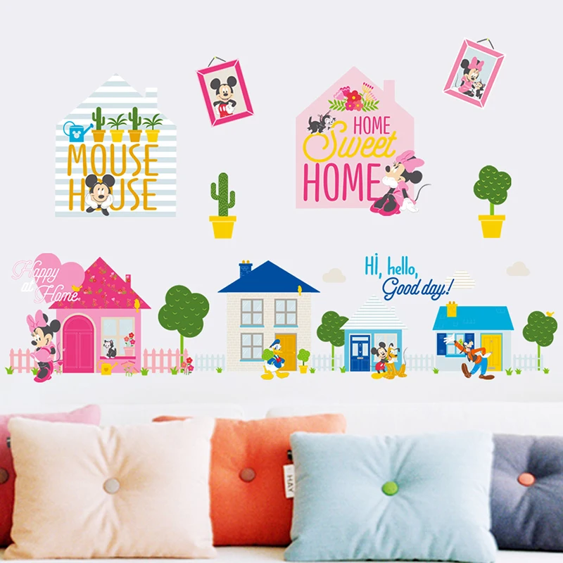 Cartoon Disney Mickey Minnie Mouse Sweet Home Wall Stickers For Kids Room Home Decor Bedroom Wall PVC DIY Mural Art Wallpaper