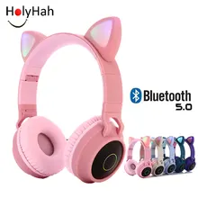 Милые беспроводные bluetooth стерео наушники для молодых людей, студентов, детей, светодиодный, кошачьи наушники с микрофоном, поддержка карт TF