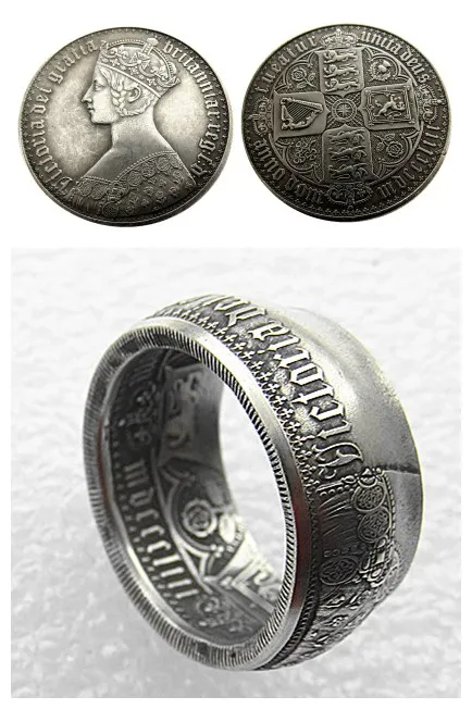 

GREAT BRITAIN Victoria 1853 AR Gothic 1 Crown Coin Ring Copper-nickel Alloy Handmade In Sizes 8-16