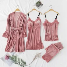 Сексуальный вечерний комплект с платьем для женщин, зимнее теплое ночное белье с v-образным вырезом, Розовая домашняя одежда, ночное белье, женский халат, комплект с длинными рукавами, одежда для отдыха