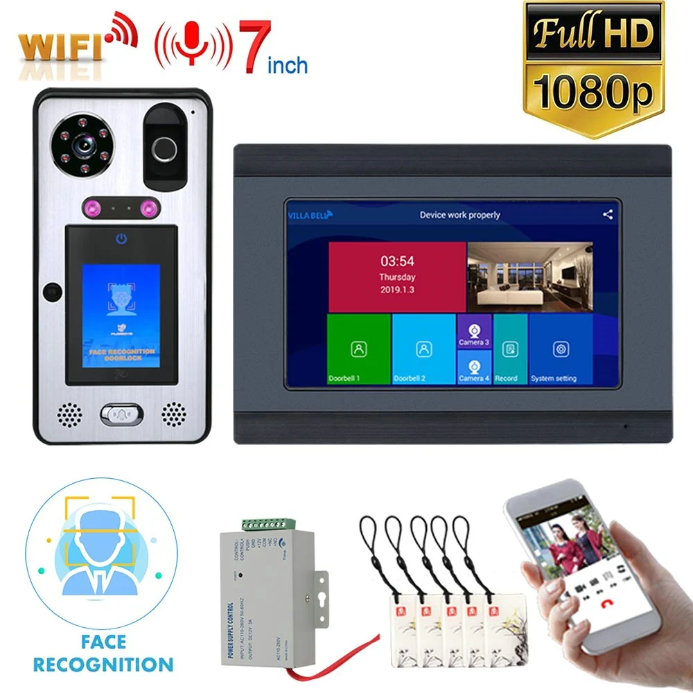7 inch Wifi Wireless Face Recognition Fingerprint RFIC Video Door Phone Doorbell Intercom System with Wired 1080P Camera 7 inch Wifi Wireless Face Recognition Fingerprint RFIC Video Door Phone Doorbell Intercom System with Wired 1080P Camera