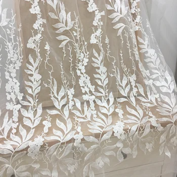 

Clear sequin lace fabric by yard, lines stripes leaf sewing tulle DIY lace for wedding bridal gown lace dress 130cm wide