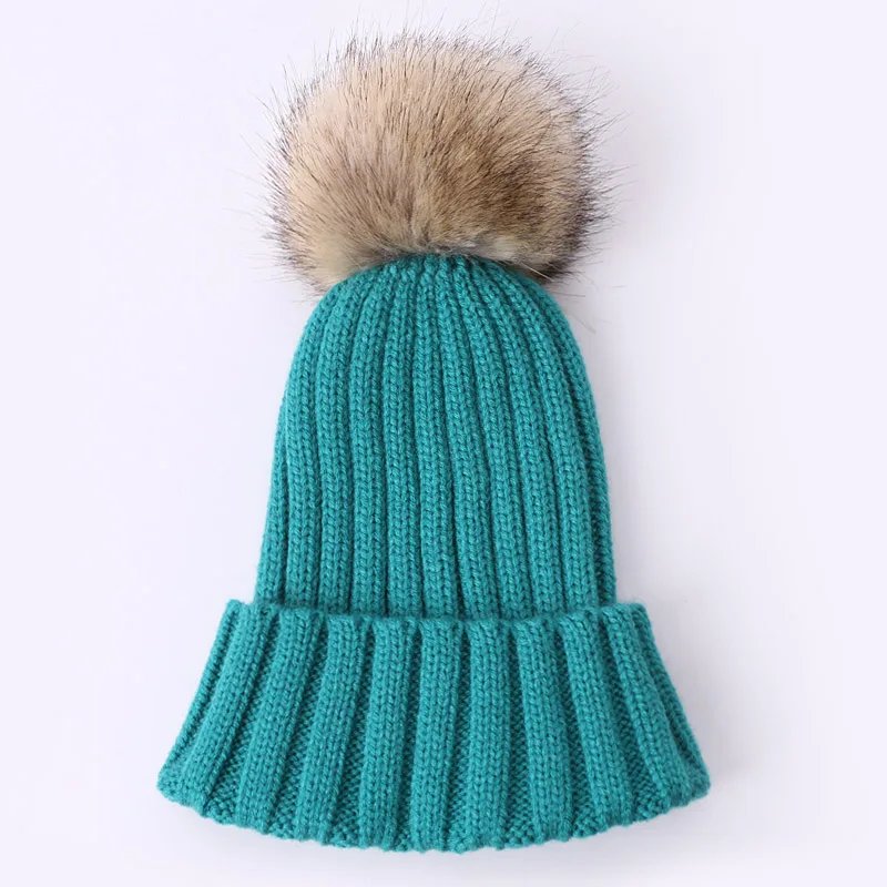 Зимние шапки для детей с помпоном из искусственного меха, уличная теплая вязаная шапочка, детская шапка для девочек и мальчиков, теплая одноцветная шапка, модная шапка - Цвет: C