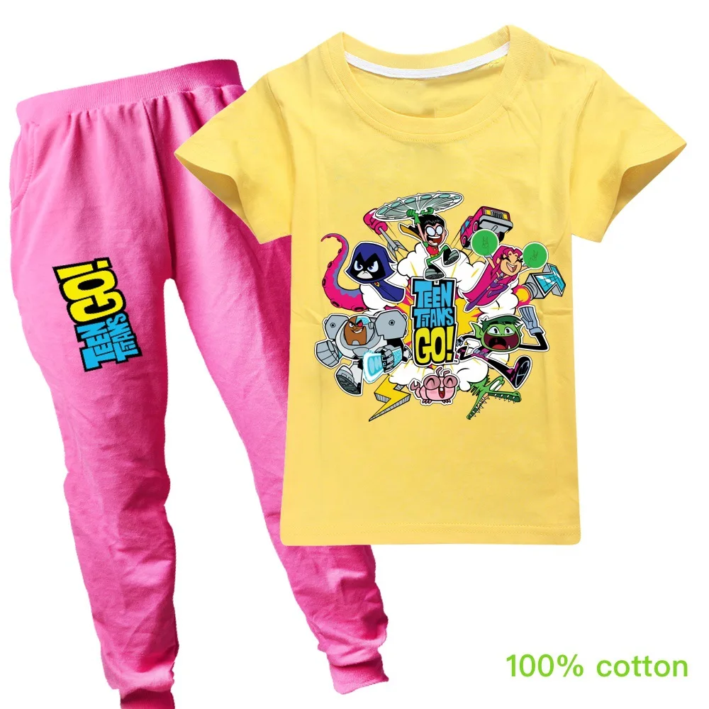 Подростковая одежда для маленьких мальчиков с принтом «Titans GO» Повседневная футболка+ штаны, комплект одежды для малышей из 2 предметов, летний детский костюм для мальчиков, г., одежда для девочек PT082