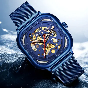 

Fashion Luxury Men Mechanical Watch Blue Mesh Belt Male Business Watch Waterproof Sport Brand BIDEN Square Watches Clock Men