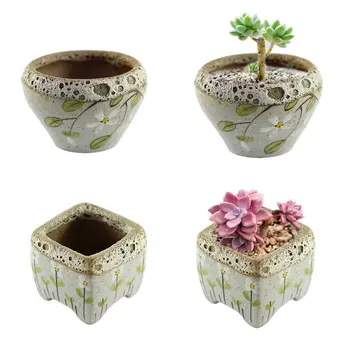 

Hand-painted flowers retro triangle-flower pots ceramic pots simple ideas stoneware green meat meat plants flower pots