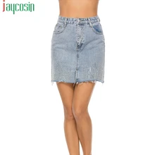 Женская джинсовая мини-юбка, расшитая блестками, с разрезным карманом, Синяя Женская свободная юбка, Повседневная дышащая женская юбка размера плюс