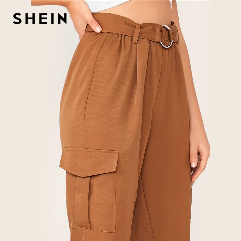 SHEIN/коричневые штаны с О-образным кольцом и поясом, с клапаном, с боковым откатом на подоле, для женщин, Осенние однотонные повседневные женские укороченные брюки с эластичной резинкой на талии