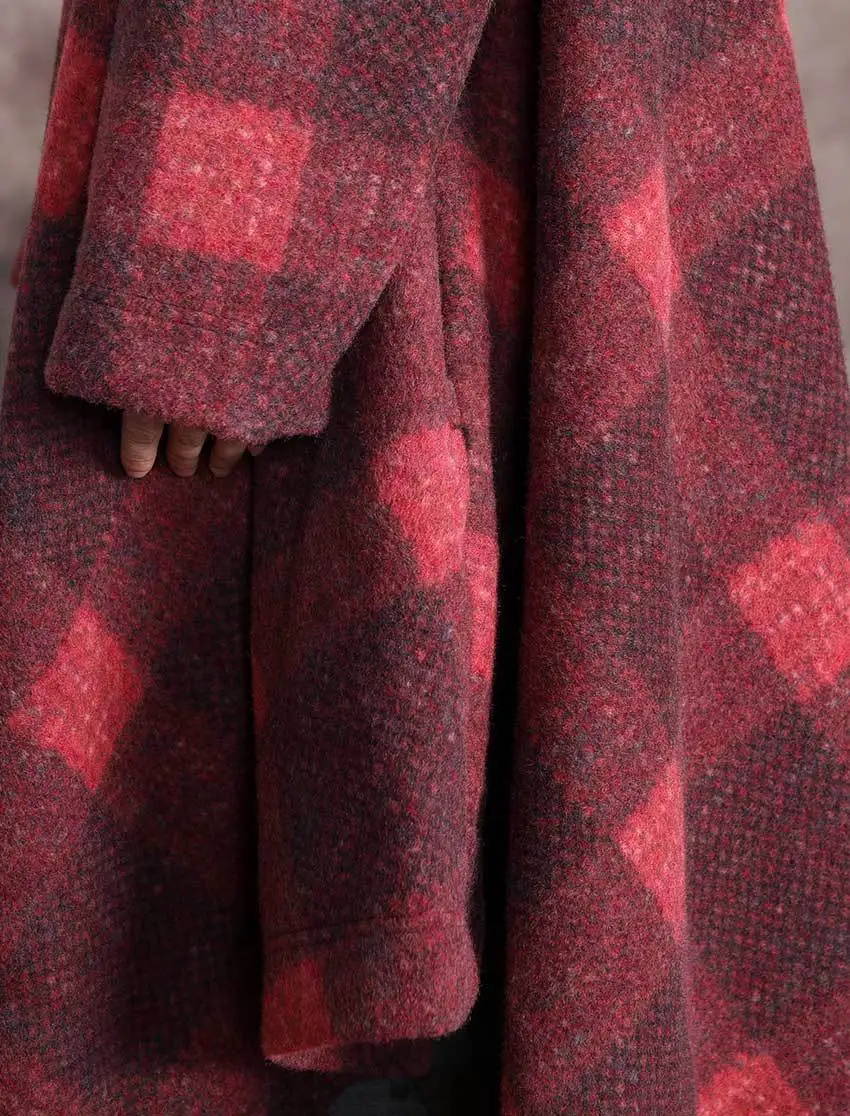Новинка, зимнее шерстяное пальто в красную клетку для женщин, водолазка с длинным рукавом, пуговицами, карманами, свободное Женское пальто