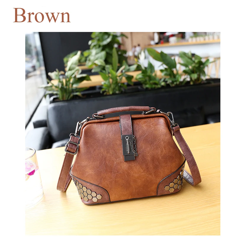 Vfemage женская сумка с заклепками, винтажная женская сумка на плечо, недорогая женская маленькая сумка через плечо, сумка для боулинга, сумка для основной сумки Kabelky - Цвет: Brown