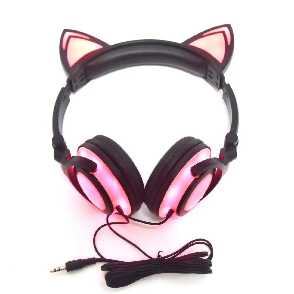 Цена DSstyles Милая гарнитура с кошачьими ушками светодиодный светильник с font b usb b font зарядными складными проводными наушниками