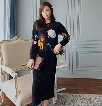 

Two Sets of Pregnant Women Dress Nursing Mothers Postpartum Autumn Winter Maternity Sweater Knitted Dress Cartoon Lion Sheep