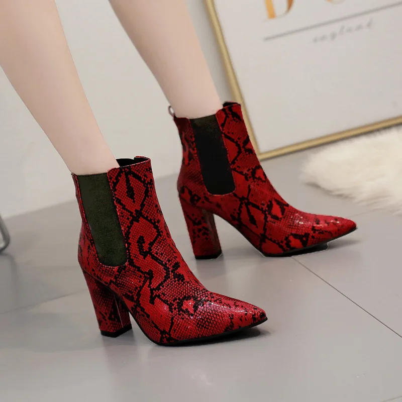 

Lace Up Big Size Shoes Woman Autumn Boots Round Toe Snake Print Bling Bling Chunky Heel Booties Ladies Martins For Women Luxury