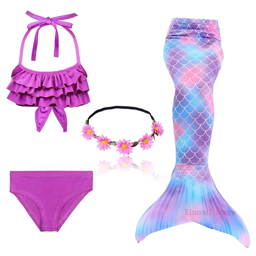 Детский женский костюм русалочки с венком, купальный костюм-бикини с хвостом и моноластами