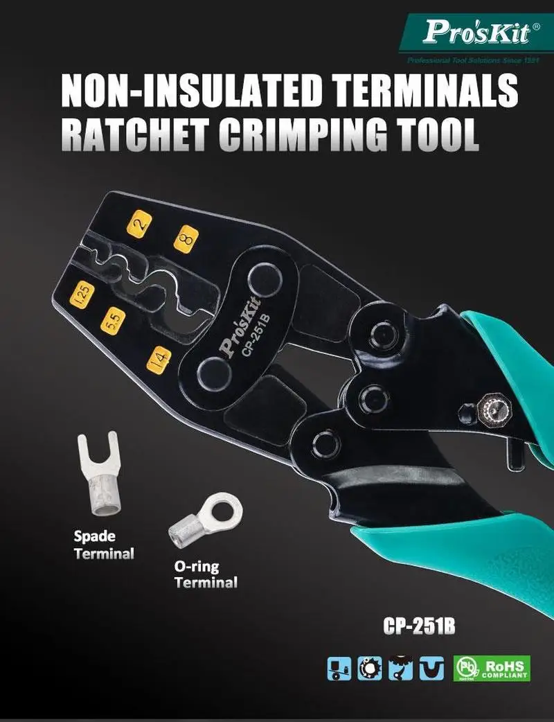 

Proskit CP-251B Y.O bare terminal ratchet crimping pliers, non-insulated terminals conform to AWG DIN/GB JIS standard tools