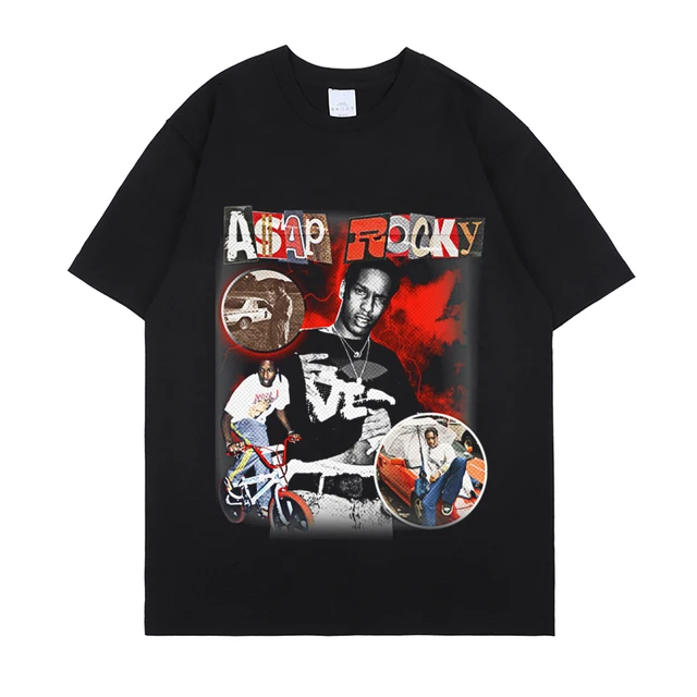 Hot Sale ASAP Rocky Portrait Graphic Aesthetics T-shirts Hip Hop Cotton Short Sleeve Loose Couple T-Shirt Casual Harajuku Tshirt Black 4