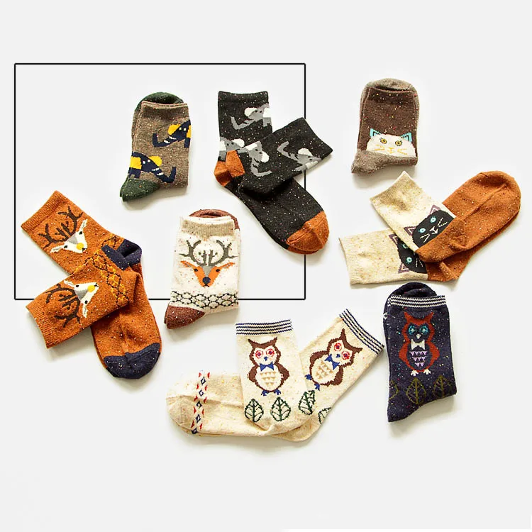 Милые теплые носки с рисунками животных; женские новые японские Носки с рисунком оленя, кота, лисы, волка; шерстяные смешанные дышащие носки; сезон осень-зима