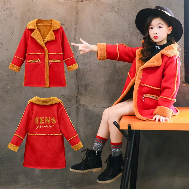 

4-14 Year Big Girl Fleece Coat 2019 3 Colors Deerskin Sheep Sheared Warm Overcoat For Children Winter Clothes Outerwear Jackets