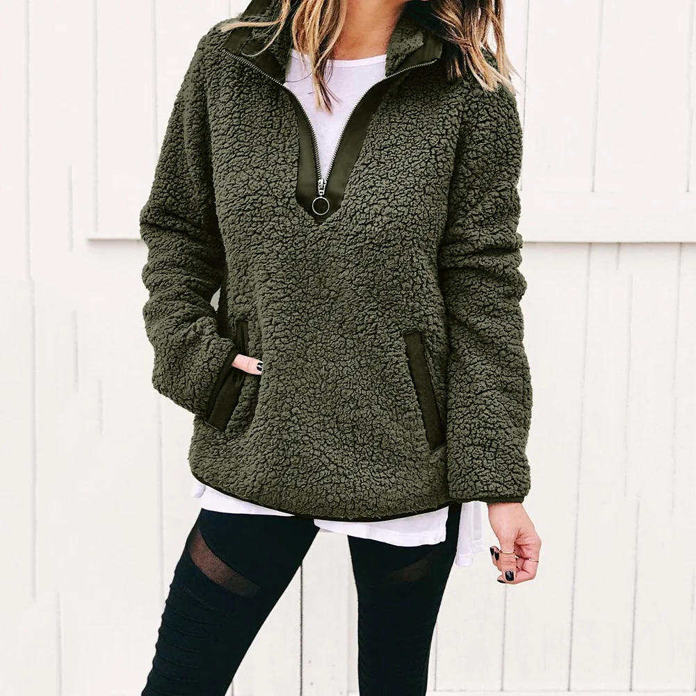Women Fleece Sweatshirt Autumn Winter Casual Oversized Fluffy Hoodie Women Christmas Zip Up Faux Fur Hoody Ladies Pullover