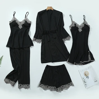 

Autumn and winter new ladies nightgown nightdress set four-piece ice ribbon chest pad nightgown set sexy V-neck Homewear SP0002