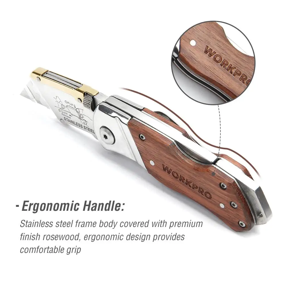 WORKPRO Heavy Duty Folding Knife Pipe Cutter Pocket Knife Wood Handle with 10PCS Blades