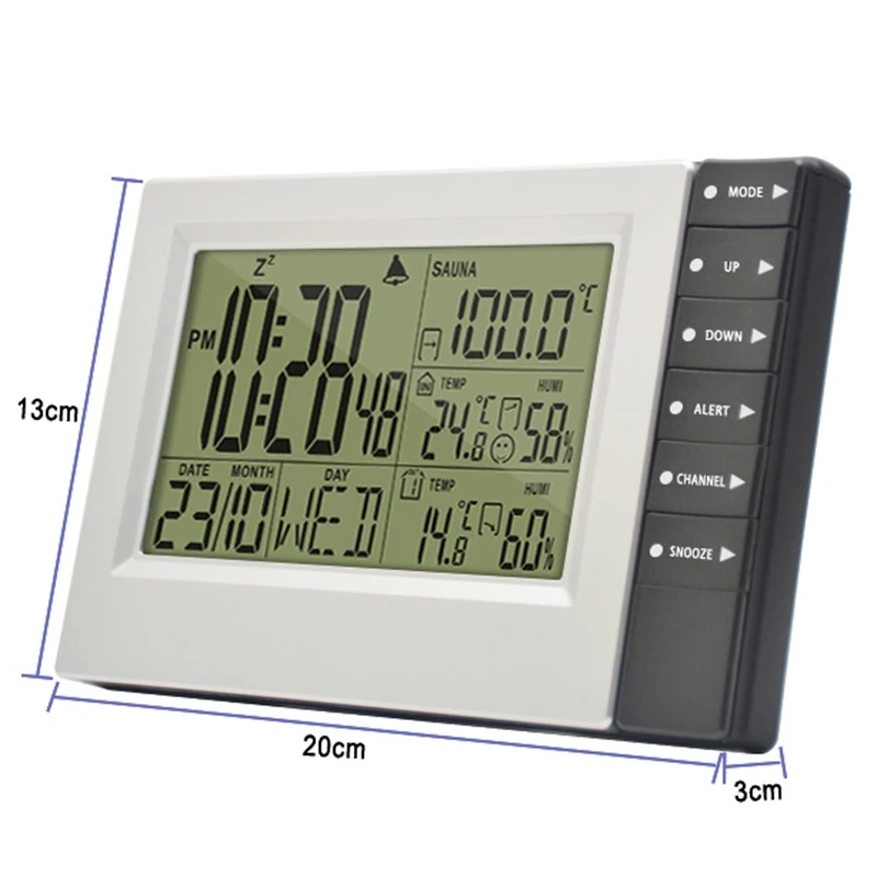 

Indoor and Outdoor Temperature and Humidity Measurement Sauna Sensor Wireless Electronic Weather Clock Outdoor with 2PCS Sensor