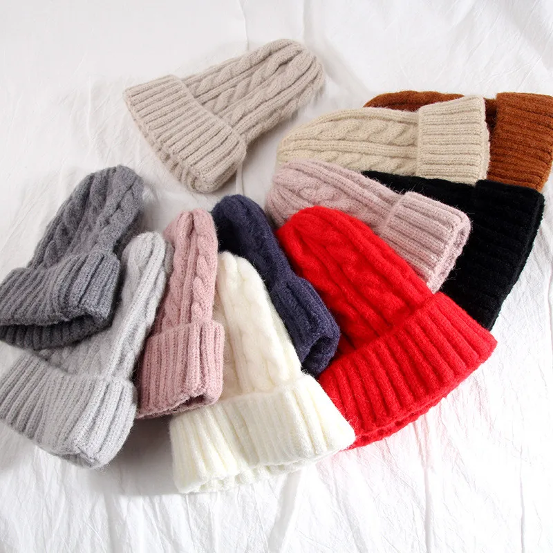 Женские шапочки для девочек, роскошная зимняя шапка, карамельные цвета, толстые теплые шапочки, мягкие вязаные шапочки, хлопковые шапочки с крученым узором