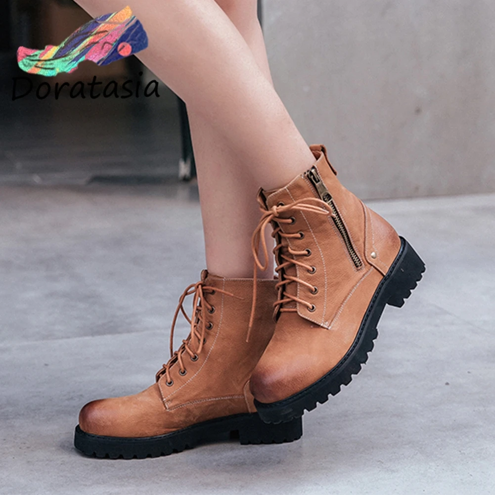 

Genuine Cow Leather Ankle Boots Women Shoes Western Boots Shoelaces Platform Chunky Heels Zipper Shoes Woman Boots Footwear