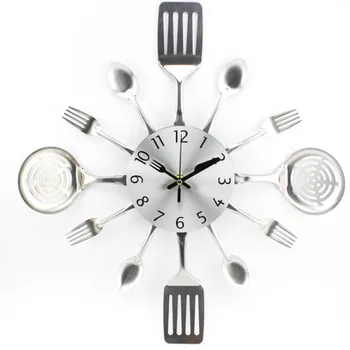 

Children Bedroom Modern Wall Clock Cute 3D Unique Silent Bedroom Utensils Silver Forks Spoons Spatulas Wall Clock Gift l