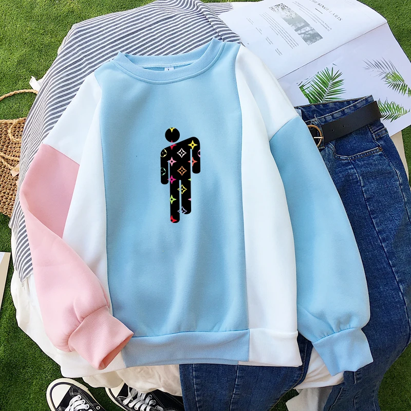  Billie Eilish Hoodies Sweatshirts Women Fleece Warm Colorblock Patchwork O-neck Star Printed Pullov