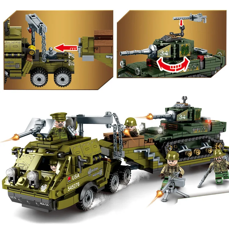 

915pcs WW2 US Army Heavy Trailer Building Blocks Light Tank Model Boy SWAT Military Toys