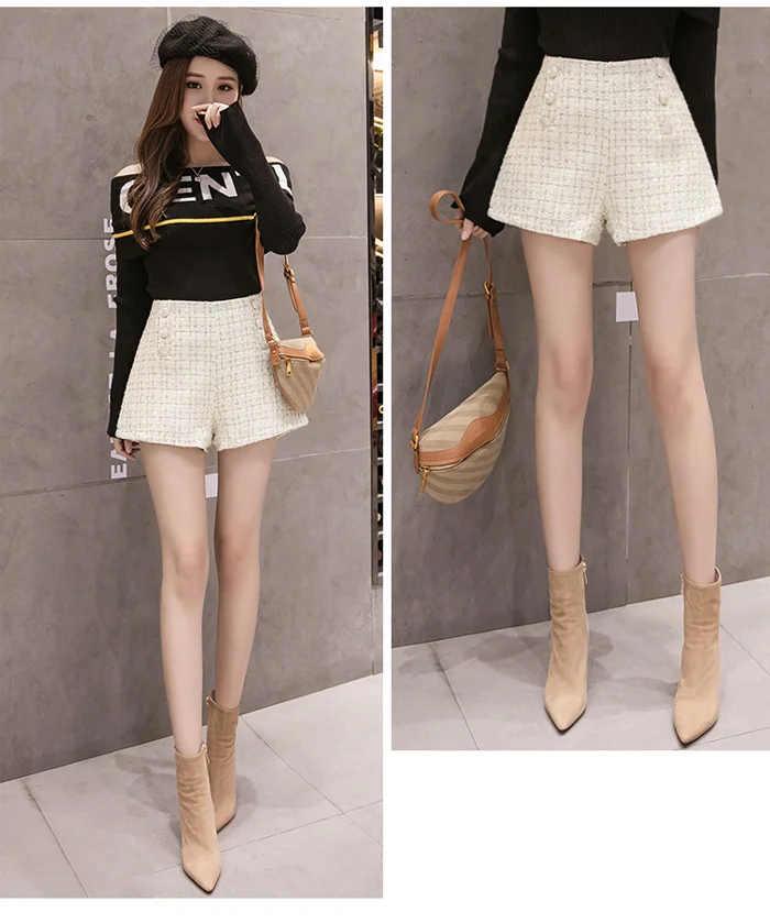 Bright Silk Slim Short Pants Spring Autumn Double-breasted High Waist Wide Leg Shorts For Women Plaid Ladies A-line Femme Shorts