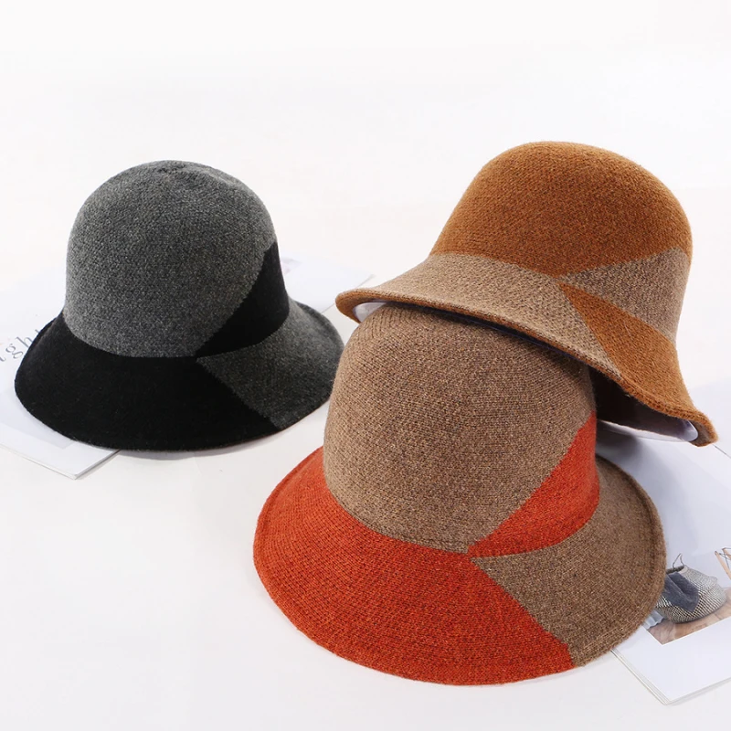 HT2768 New Fashion Knitted Hat Elegant Warm Autumn Winter Wool Hat Lady Wide Brim Bucket Hat Female Patchwork Fishing Bucket Cap