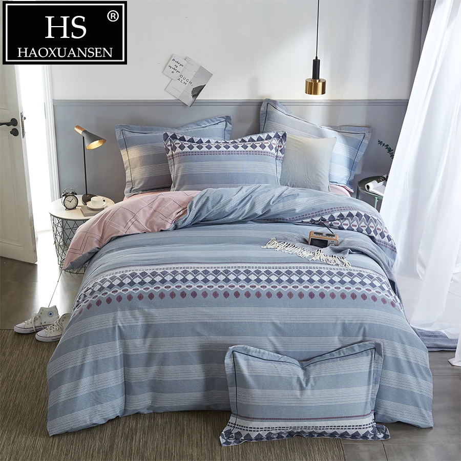 

4Pieces Striped Sanding Cotton Bedding Set Blue 400 Thread count Soft Heavy Duvet Cover bed sheets for Winter Queen King Size